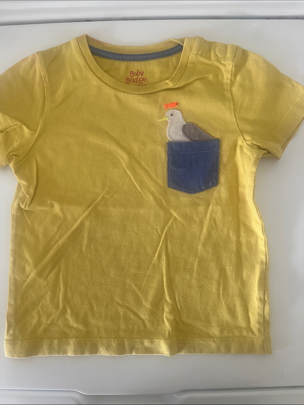 Baby Boden Yellow Tee with Seagull Pocket Applique